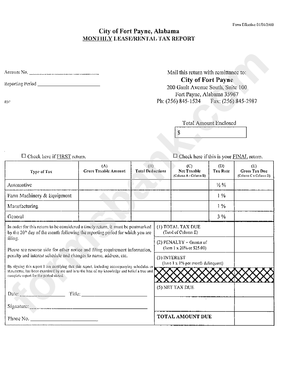Monthly Lease / Rental Tax Report Form City Of Fort Payne printable