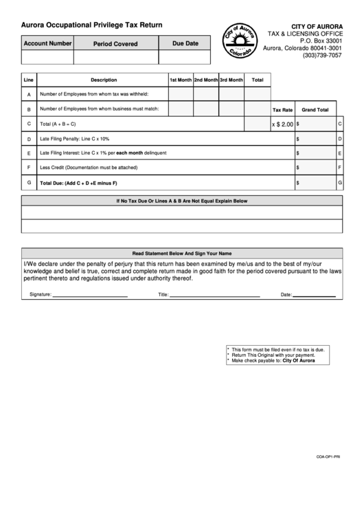 Aurora Occupational Privilege Tax Return Form printable pdf download