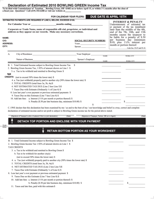 Declaration Of Estimated 2010 Bowling Green Tax Form printable