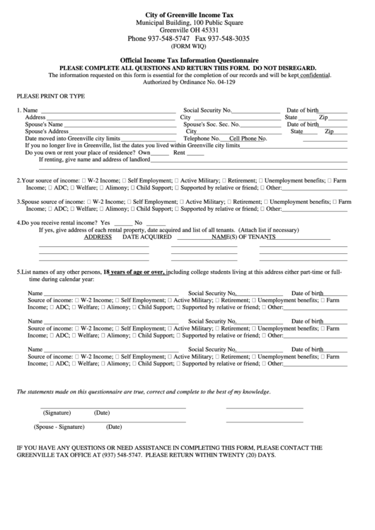 Form Wiq Official Tax Information Questionnaire printable pdf