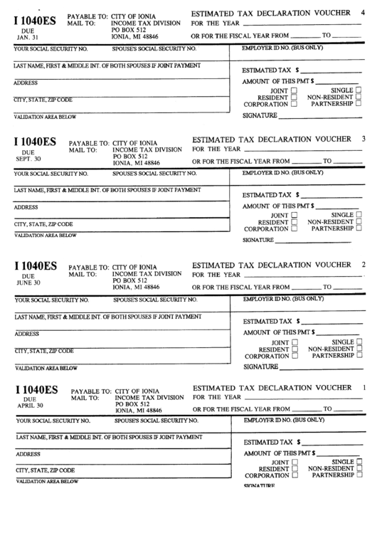 Form I 1040es Estimated Tax Declaration Voucher City Of Ionia, Michigan Tax Division