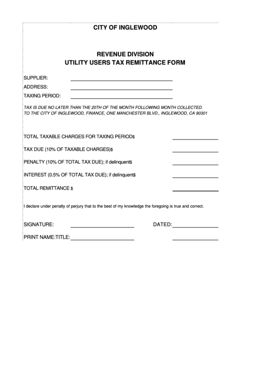 Utility Users Tax Remittance Form City Of Inglewood Revenue Division