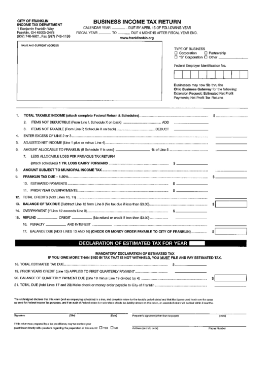 Business Tax Return City Of Franklin printable pdf download