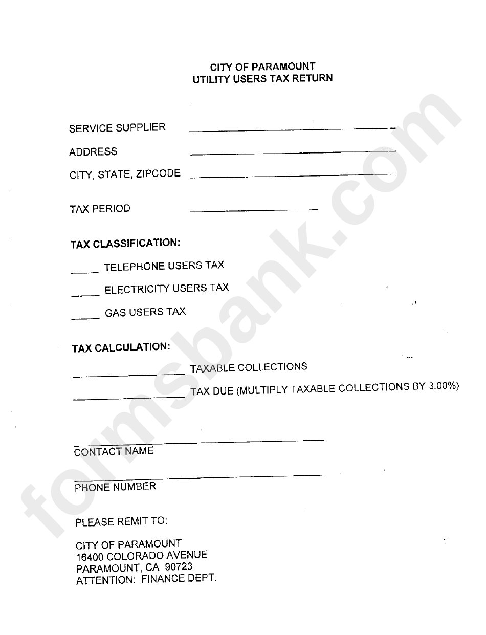 Utility Users Tax Return Form City Of Paramount, California printable pdf download