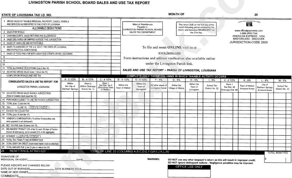 Livingston Parish School Board Sales And Use Tax Report printable pdf