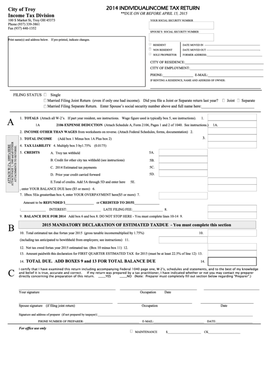 Fillable 2014 Individual Tax Return City Of Troy Tax