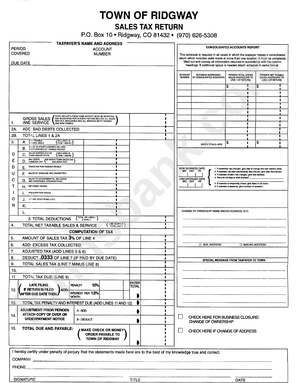 Sales Tax Return Form Town Of Ridgway, Colorado printable pdf download