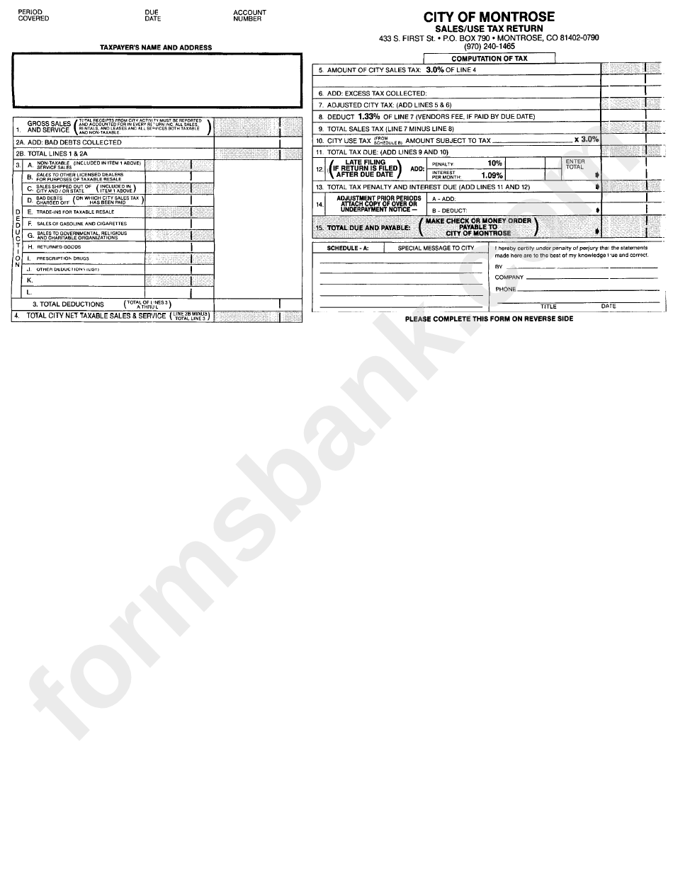 Sales/use Tax Return Form City Of Montrose, Colorado printable pdf