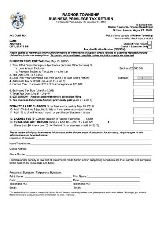 Radnor Township Business Privilege Tax Return Form 2014 printable pdf