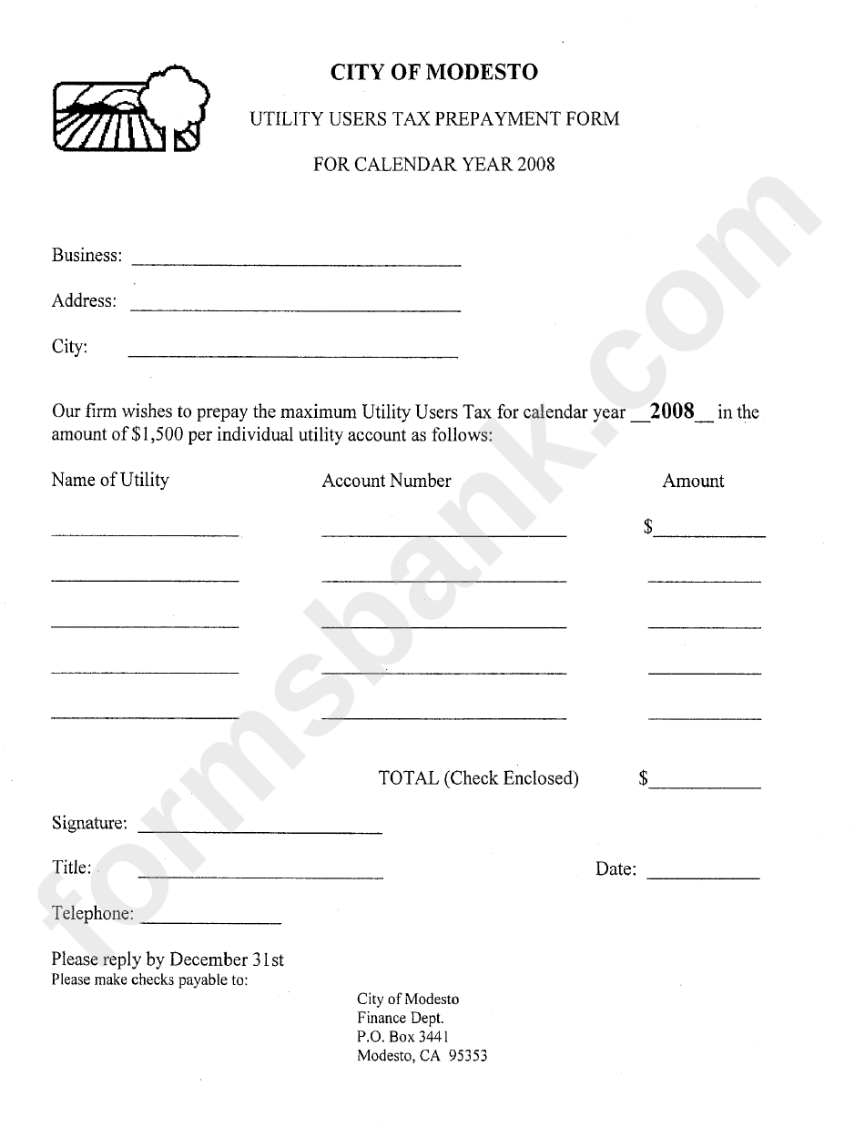 Utility Users Tax Prepayment Form City Of Modesto 2008 printable