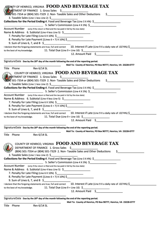 Food And Beverage Tax Form 2014 printable pdf download