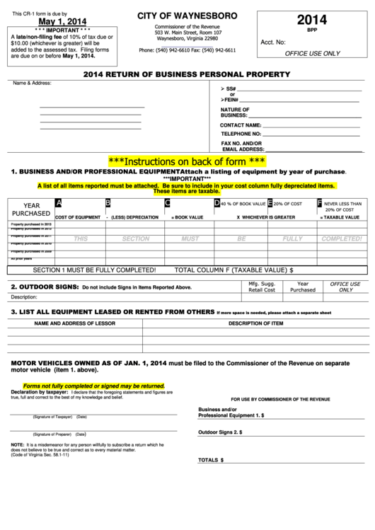 Form Cr1 Return Of Business Personal Property Waynesboro