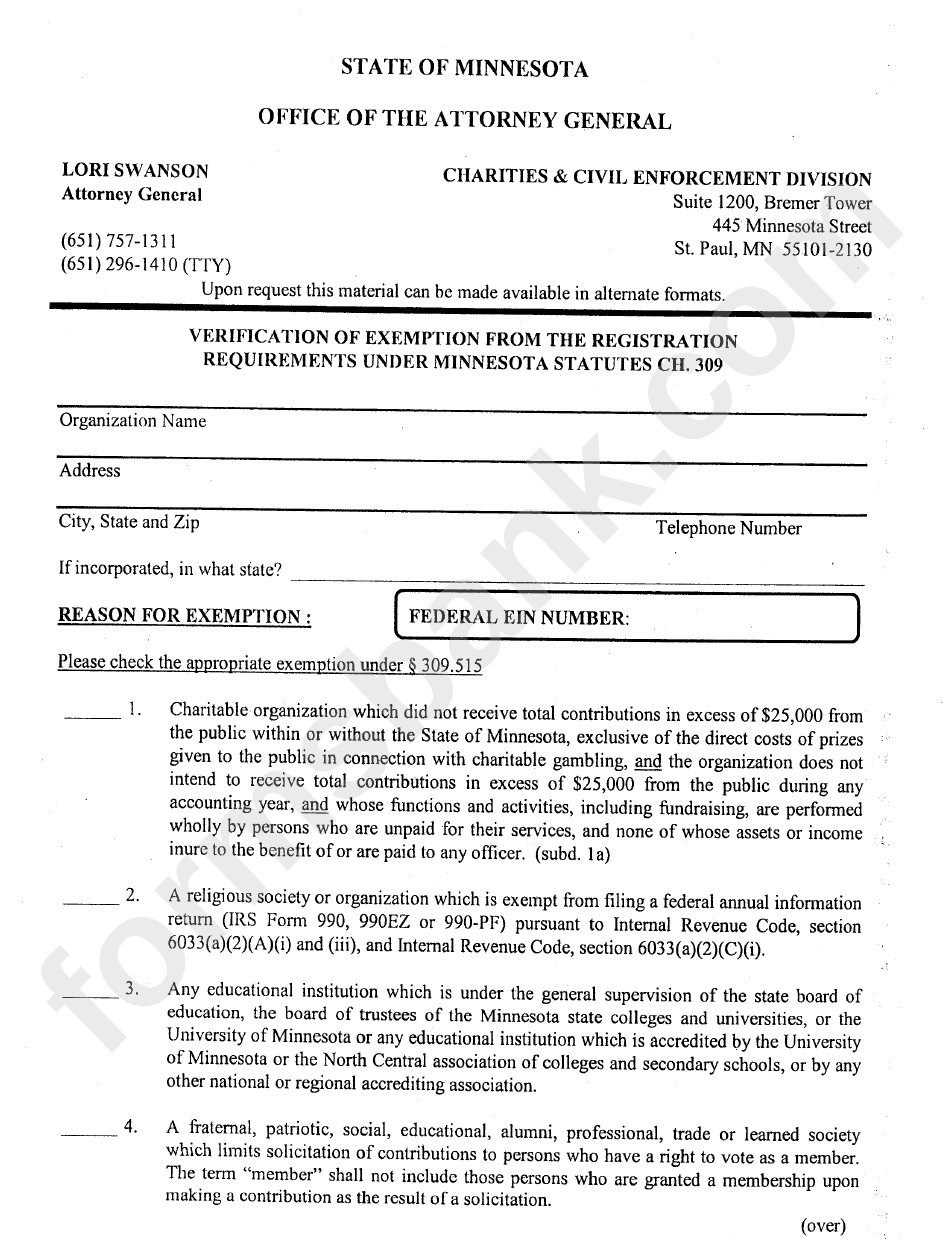 Verification Of Exemption From The Registration Requirements Under Minnesota Statutes Ch. 309