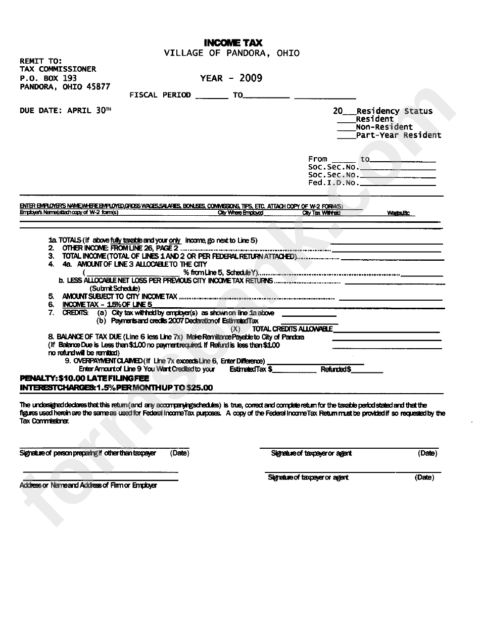 Tax Form Village Of Pandora 2009 printable pdf download