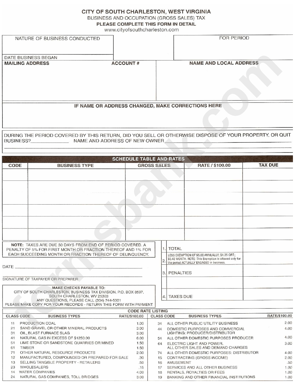 Business And Occupational (Gross Sales) Tax Form South Charleston