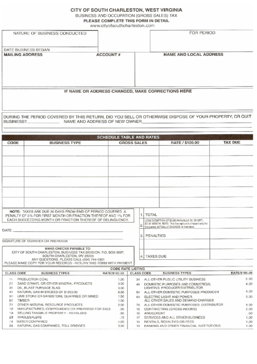 Business And Occupational (Gross Sales) Tax Form South Charleston