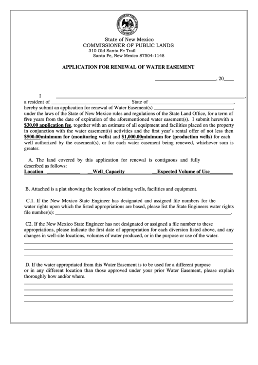 Fillable Application For Renewal Of Water Easement Form printable pdf
