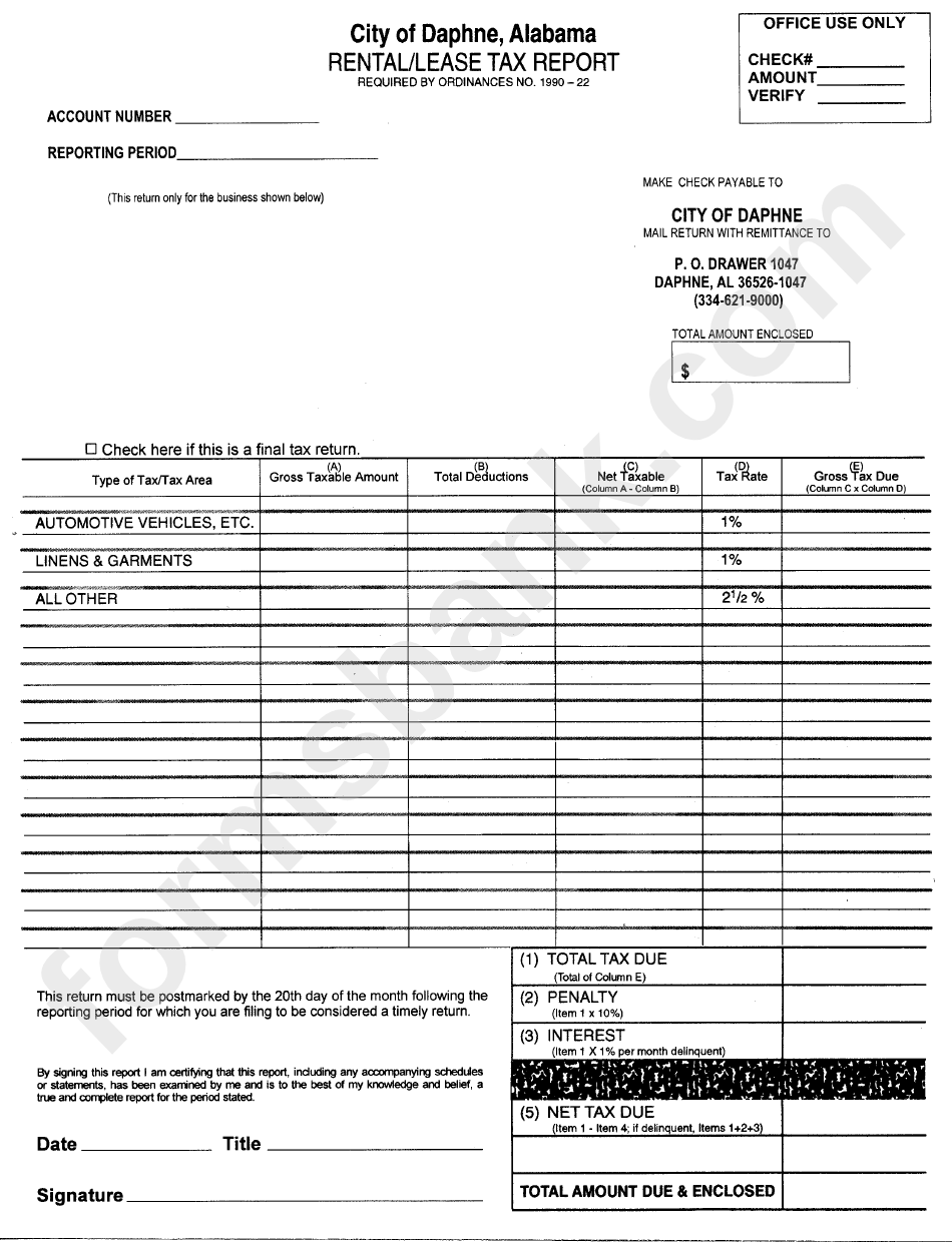 Rental/lease Tax Report Form State Of Alabama printable pdf download