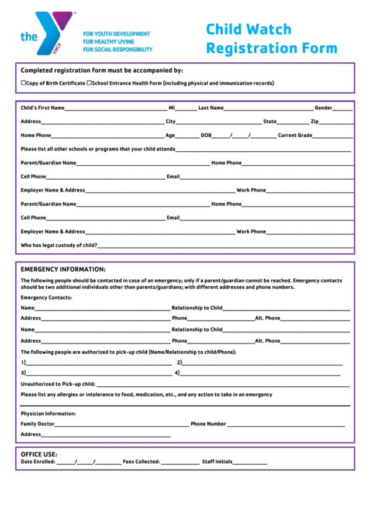 Ymca Child Watch Registration Form printable pdf download