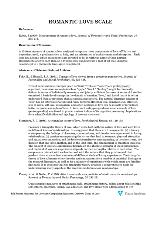Romantic Love Scale printable pdf download
