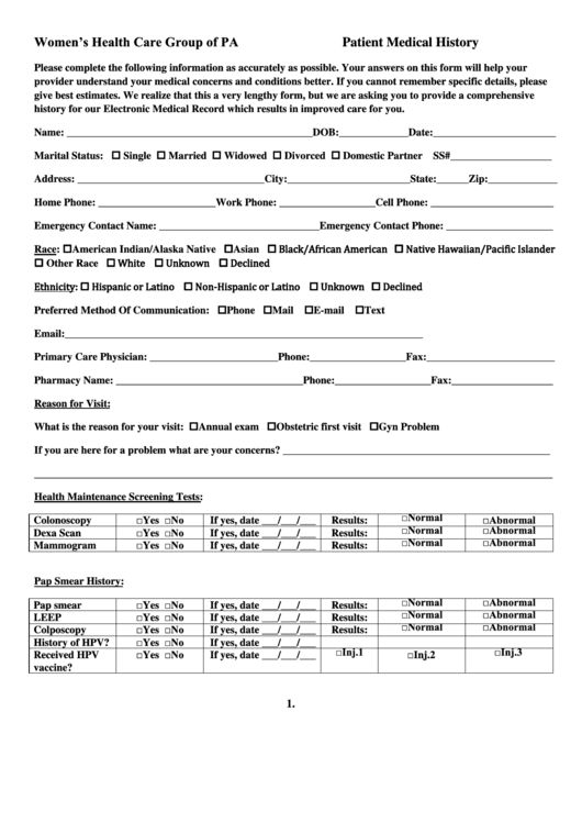 Patient Medical History printable pdf download