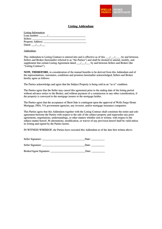 Listing Addendum Wells Fargo, Affidavit Of "Arm'S Length Transaction