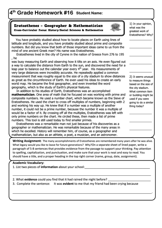 4 Th Grade Homework Template printable pdf download
