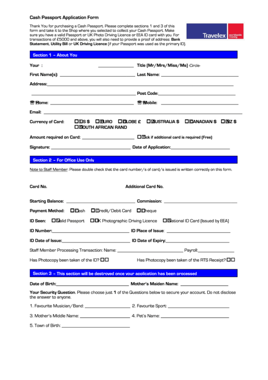 Cash Passport Application Form printable pdf download