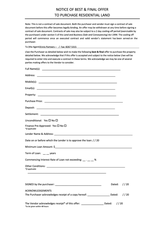 Notice Of Best & Final Offer To Purchase Residential Land printable pdf