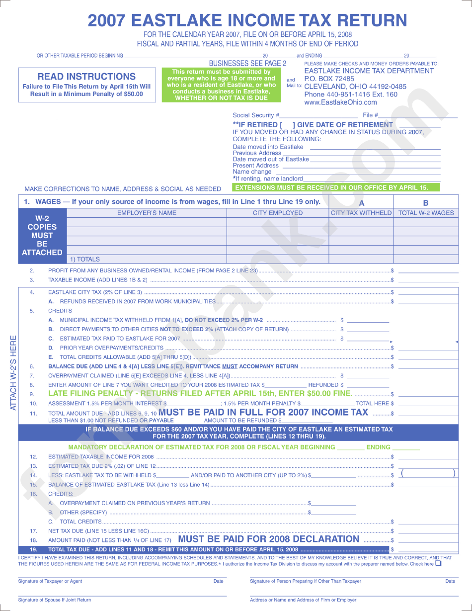 2007 Eastlake Tax Return Form printable pdf download