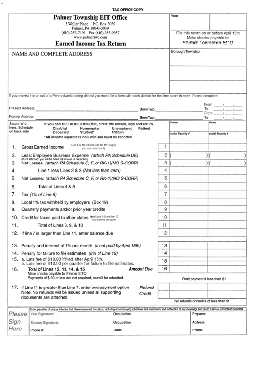 Earned Tax Return Form Palmer Township Eit Office printable pdf download