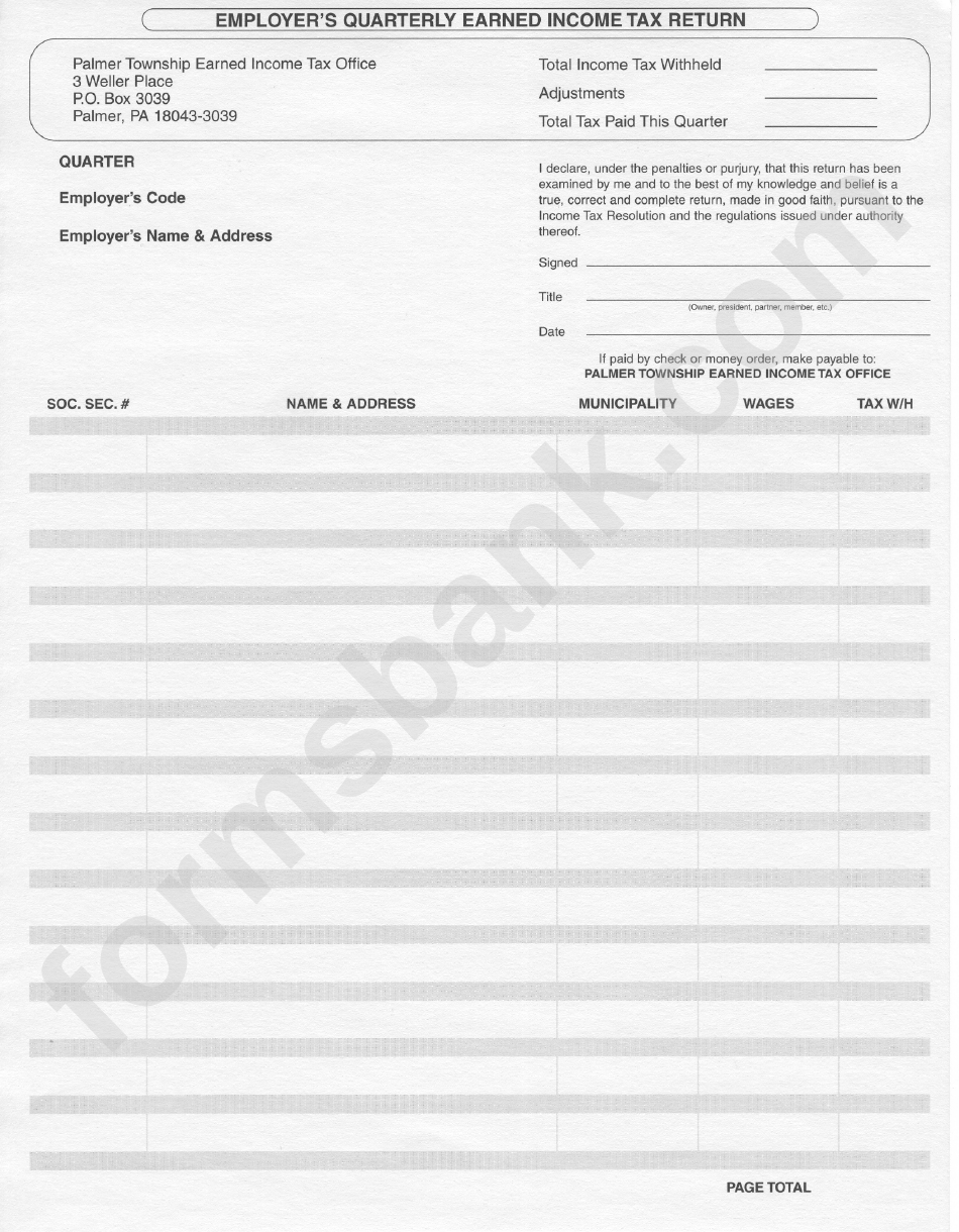 Employer'S Quarterly Earned Tax Return Form Palmer Township