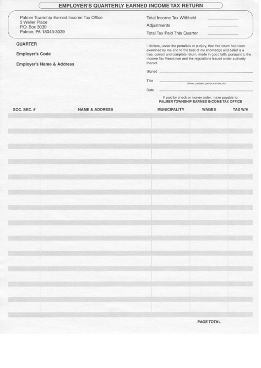 Employer'S Quarterly Earned Tax Return Form Palmer Township Earned Office