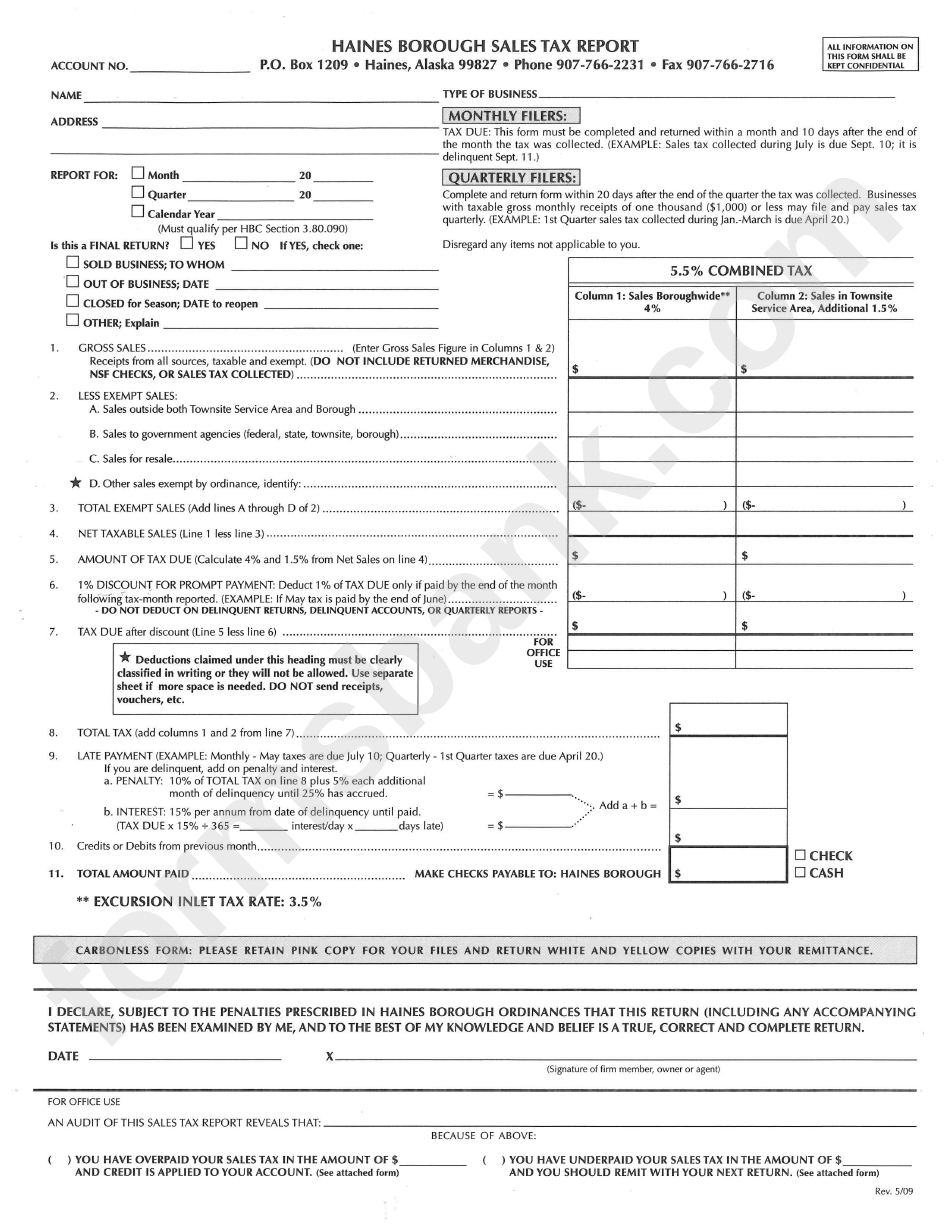 Haines Borough Sales Tax Report Form printable pdf download