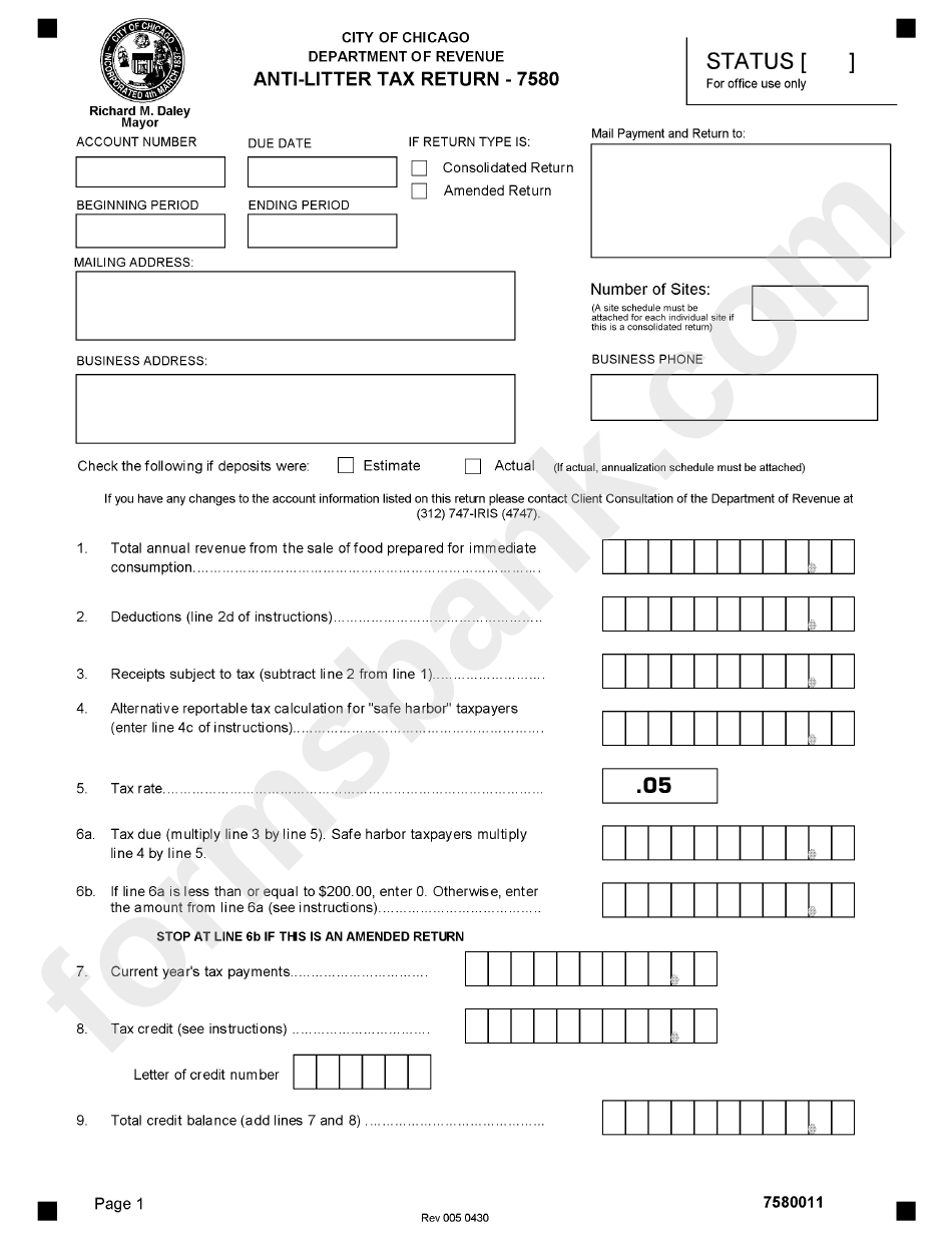 Form 7580 AntiLitter Tax Return printable pdf download