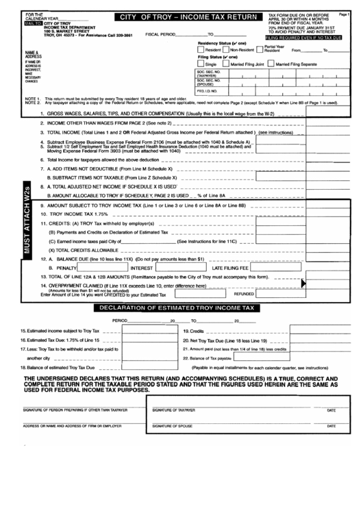 Fillable Tax Return Form City Of Troy printable pdf download