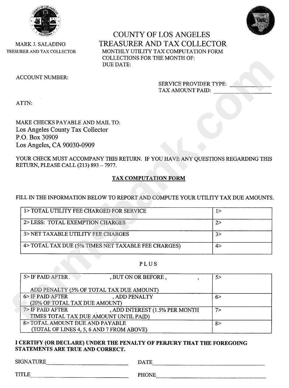 Monthly Utility Tax Computation Form Los Angeles, California