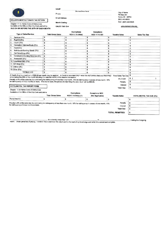 Seller'S Monthly Sales Tax Return Form City Of Nome printable pdf