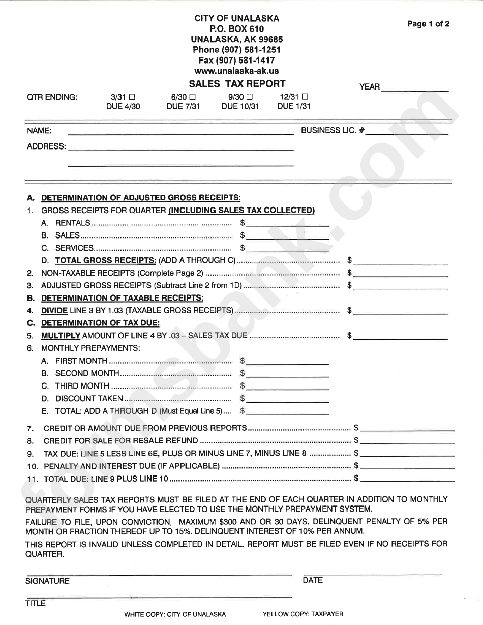 Sales Tax Report Form City Of Unalaska printable pdf download