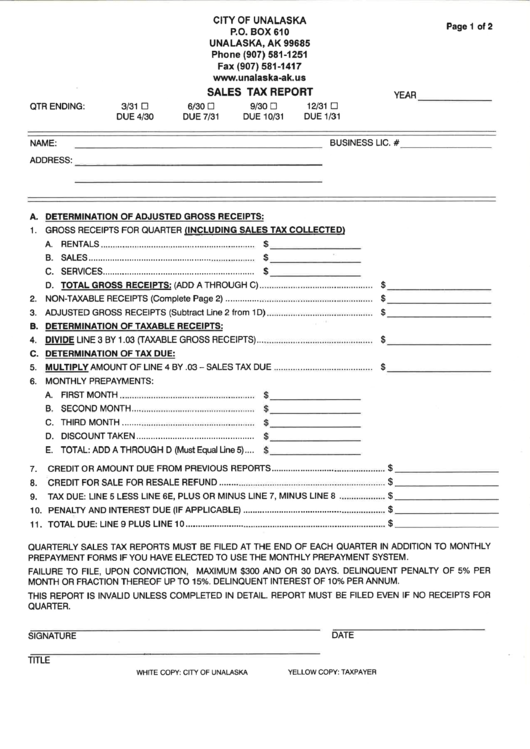 Sales Tax Report Form City Of Unalaska printable pdf download