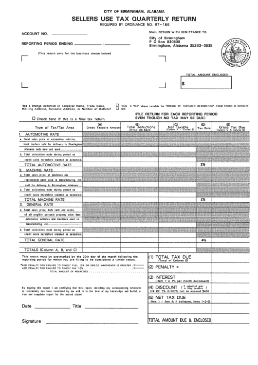 Sellers Use Tax Quarterly Return Form City Of Birmingham printable