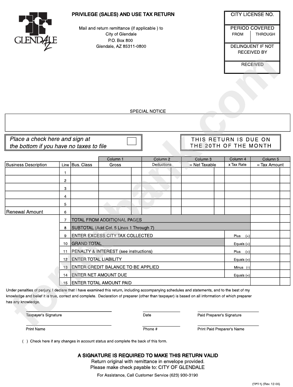 Privilege (Sales) And Use Tax Return Form City Of Glendale printable