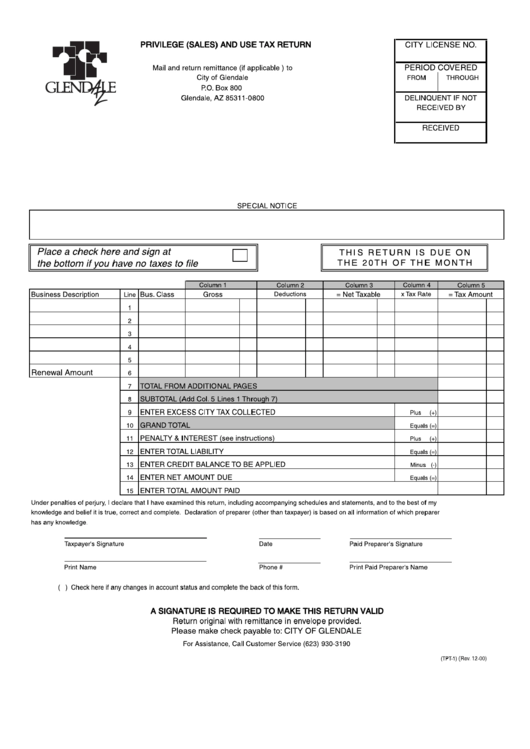 Privilege (Sales) And Use Tax Return Form City Of Glendale printable