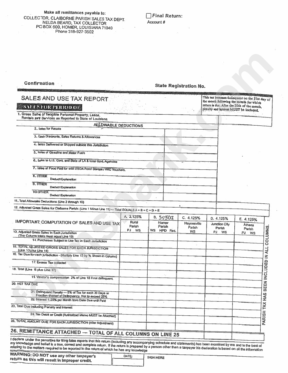 Sales And Use Tax Report Form Claiborne Parish printable pdf download