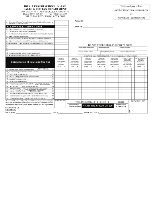 Sales / Use Tax Report Form Iberia Parish printable pdf download