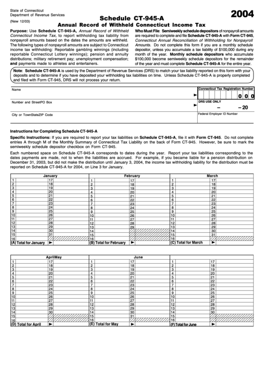 Schedule Ct945A Back Annual Record Of Withheld Connecticut