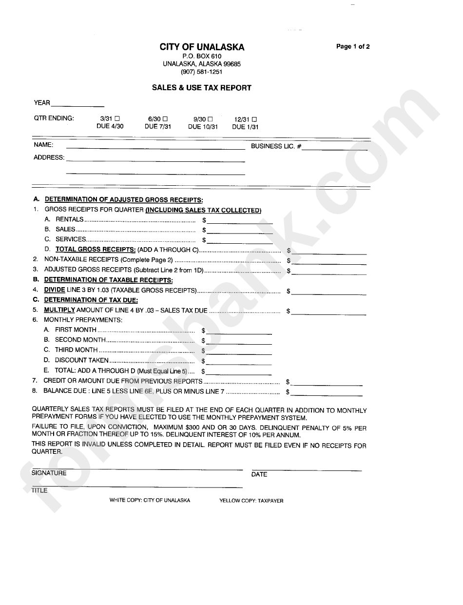 Sales / Use Tax Report Form City Of Unalaska printable pdf download