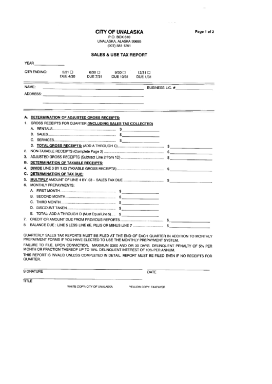Sales / Use Tax Report Form City Of Unalaska printable pdf download
