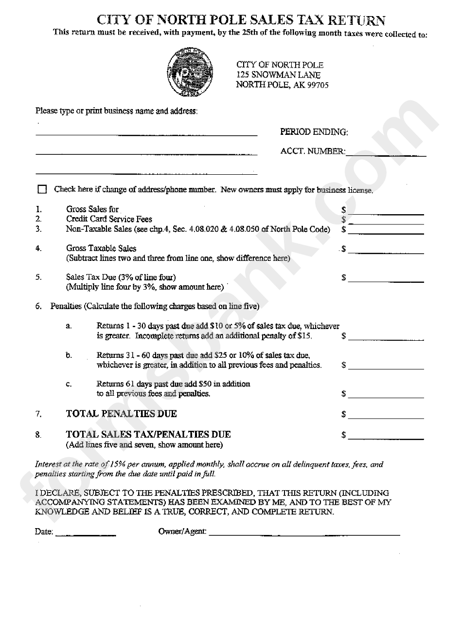 City Of North Pole Sales Tax Return Form printable pdf download