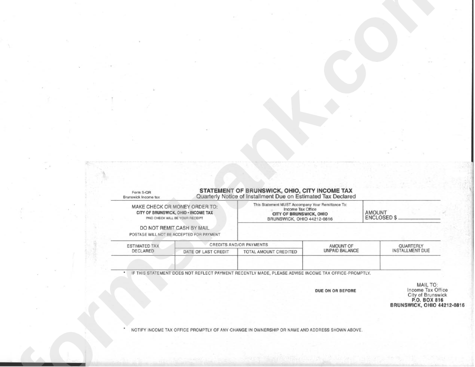 Form SOr Quarterly Notice Of Installment Due On Estimated Tax